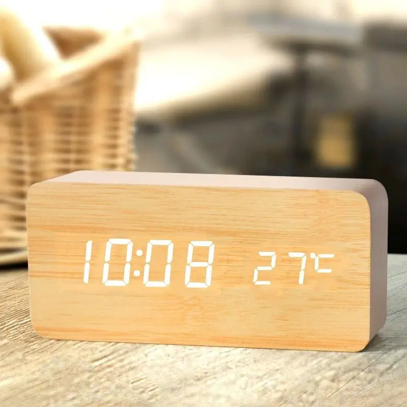 Houten Digitale Wekker met Temperatuurweergave, LED-display voor Bureau