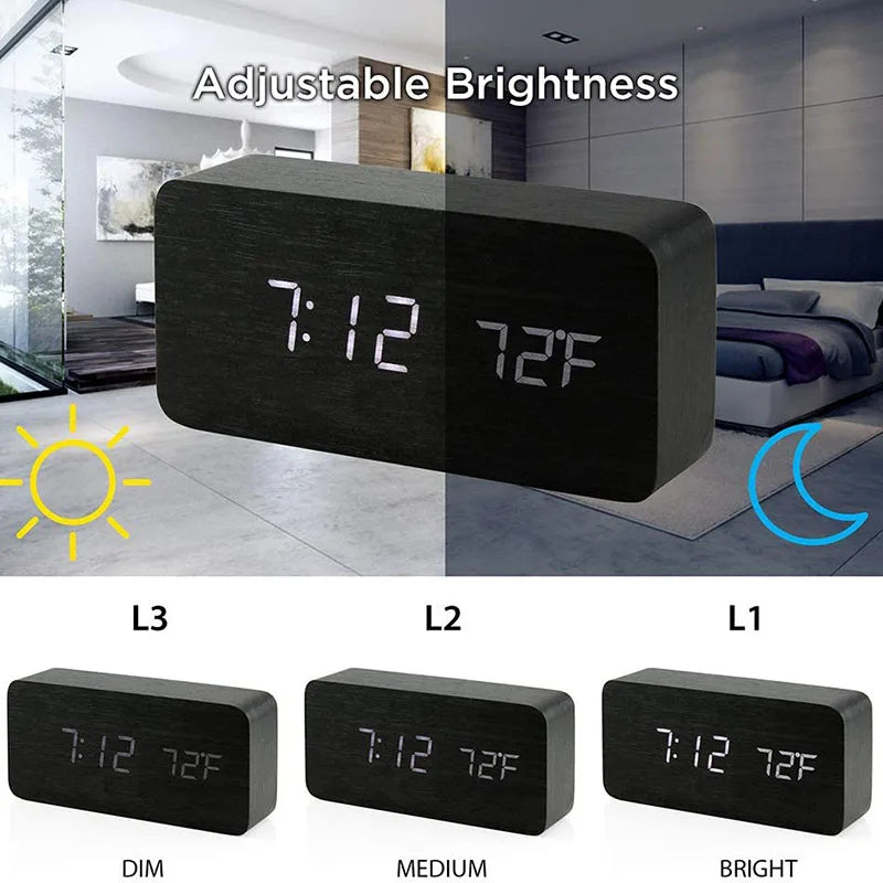 Houten Digitale Wekker met Temperatuurweergave, LED-display voor Bureau