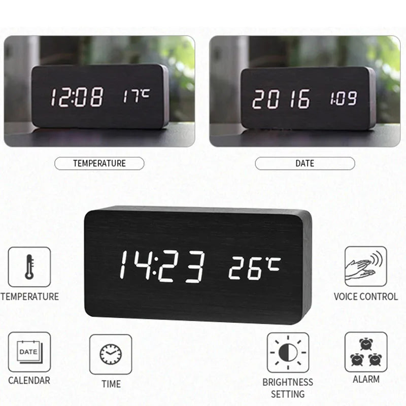 Houten Digitale Wekker met Temperatuurweergave, LED-display voor Bureau