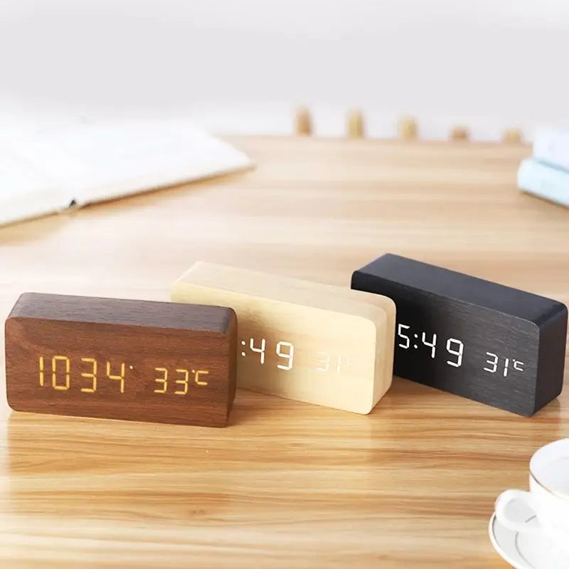 Houten Digitale Wekker met Temperatuurweergave, LED-display voor Bureau